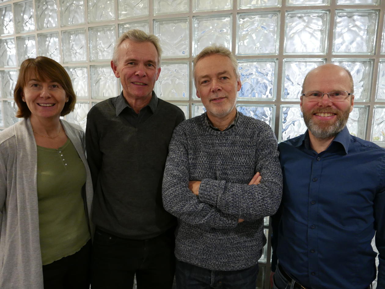 Gruppe for trygdeøkonomi. Frå venstre: førsteamanuensis Astrid Grasdal, professor Espen Bratberg, professor Kjell Vaage og professor Arild Aakvik.