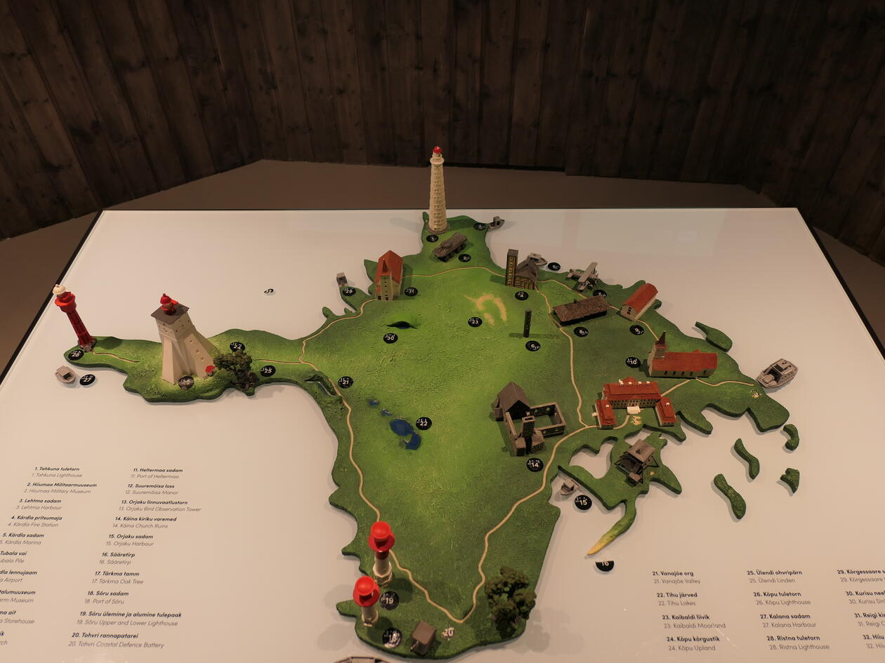 A three-D model of the Hiiumaa island, with landmarks such as lighthouses and buildings .