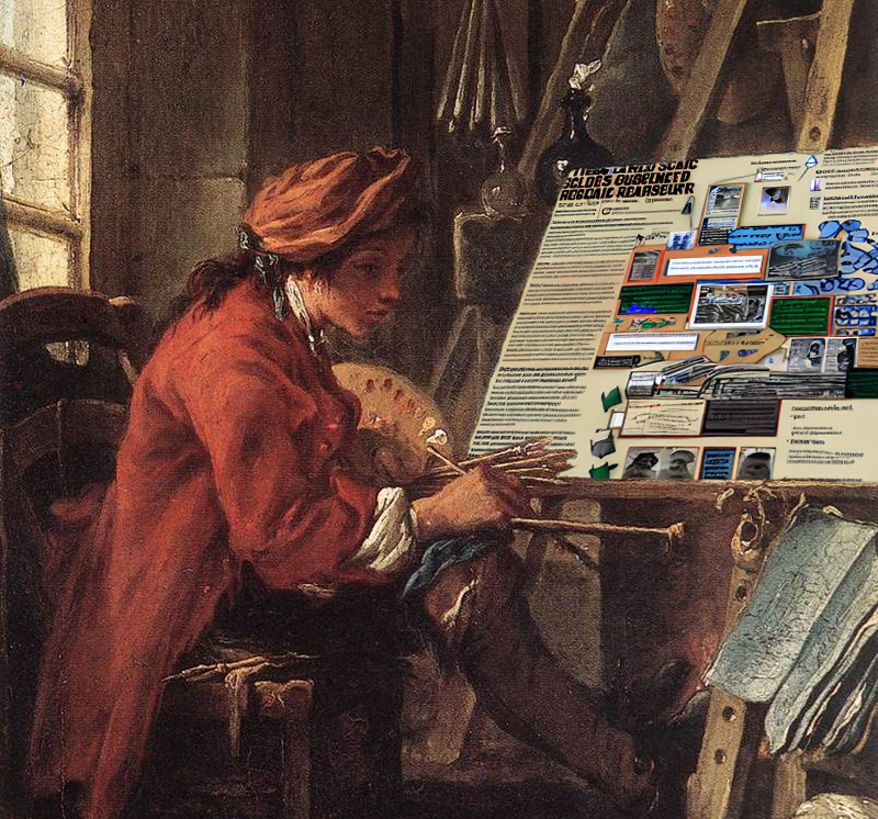 François Boucher's "Painter in his Studio", edited to look like the painter is making a cluttered research poster