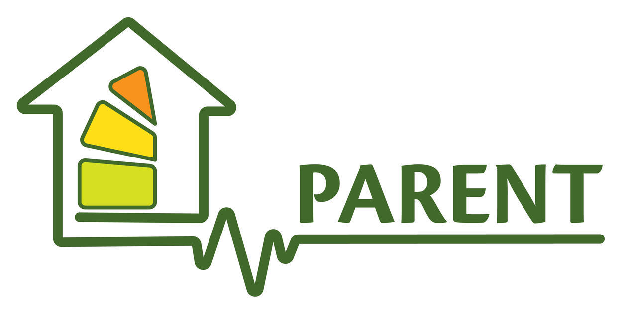 PARENT logo: A silhouette of a house in green, with green, yellow and orange pieces within, a graph squiggle leading out from the house and to the text PARENT