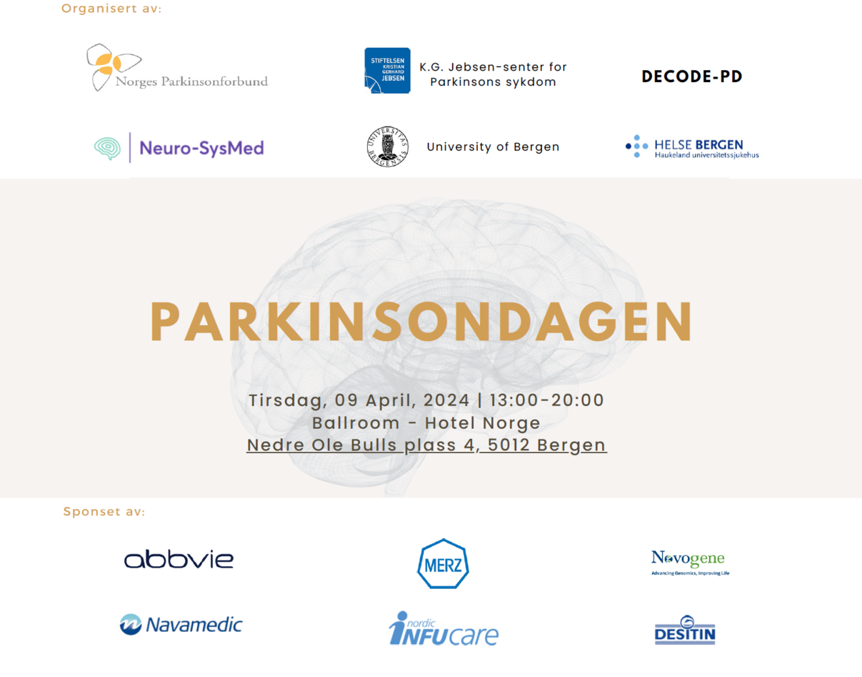 Tegning av en hjerne med Parkinsonsdagen info, og logoer av organisatørene.