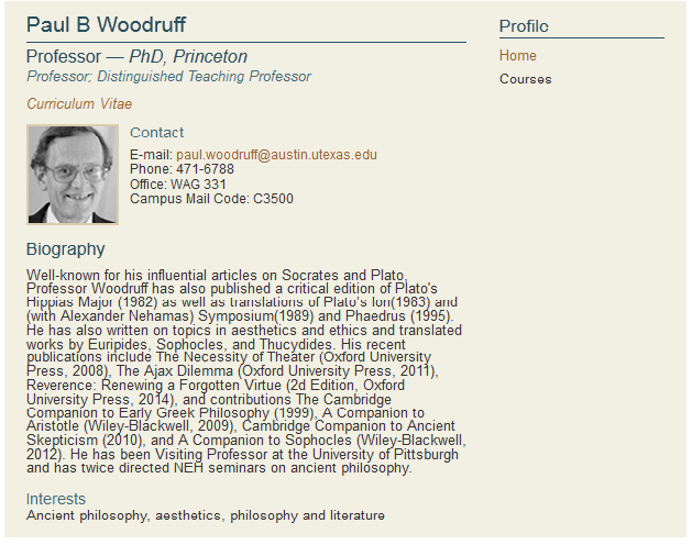 Picture and description of Paul Woodruffs work at University of Texas at Austen