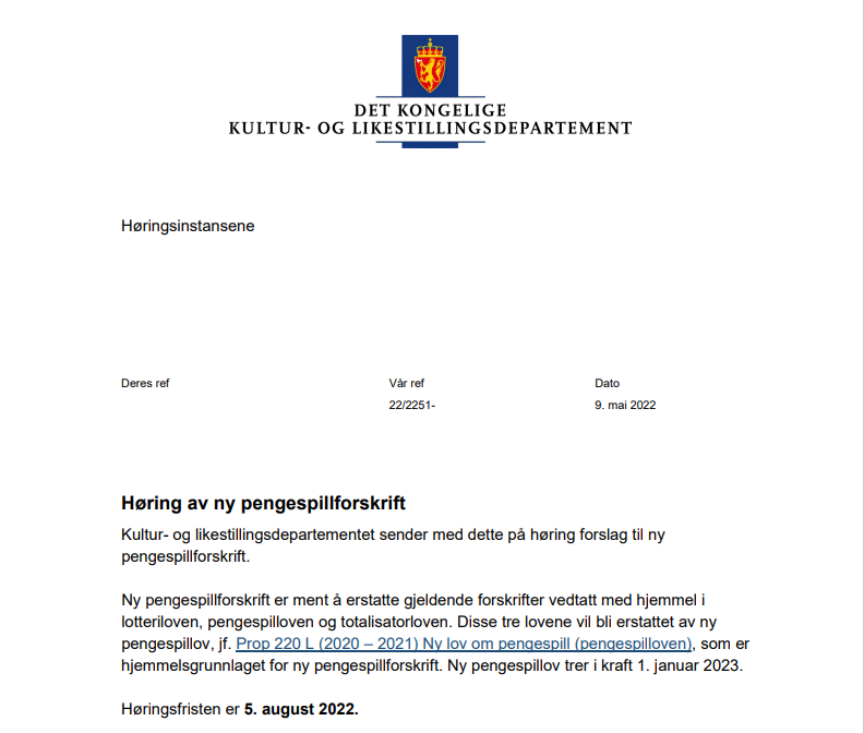 Høring pengespillforskrift