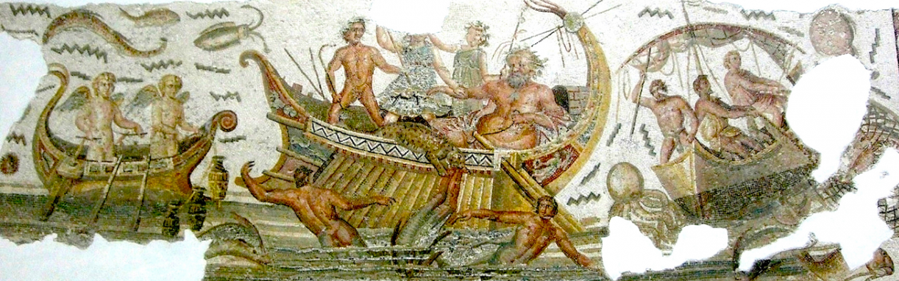 Mosaikk frå Tunisia med greske gudar på. Ein kar sit i ein båt.