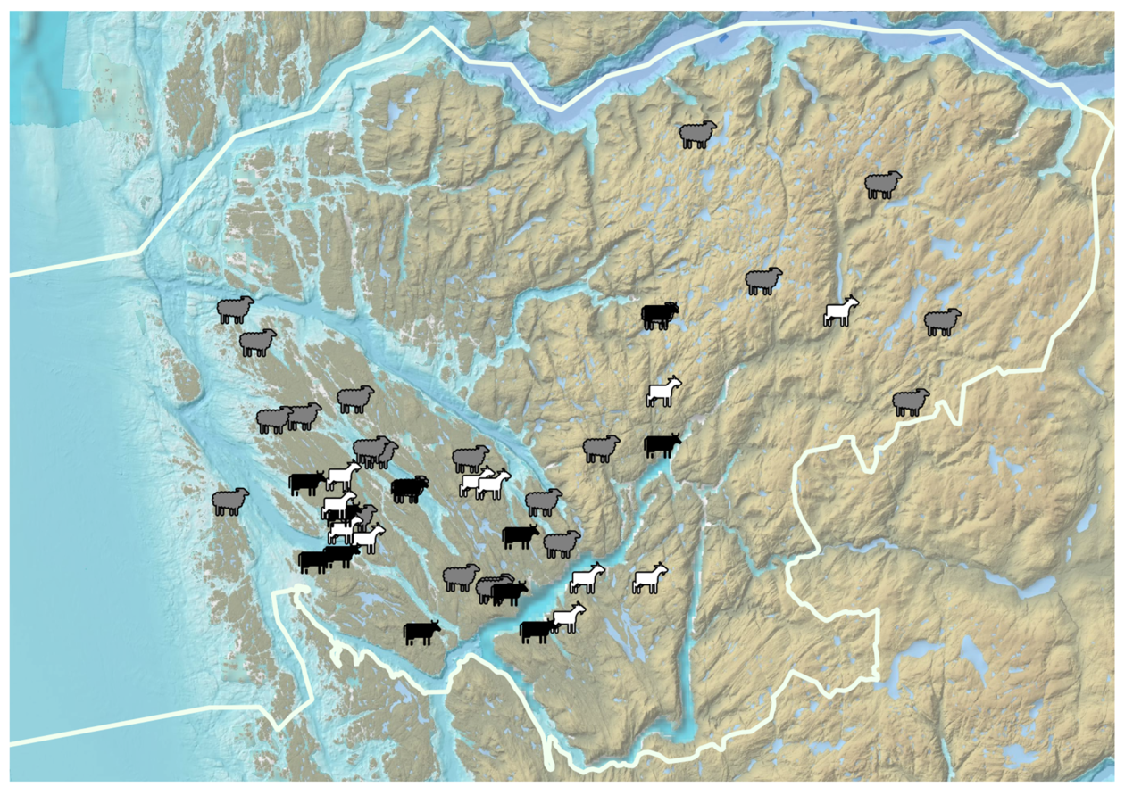 Illustration of map filled with sheep, goat and cow symbols.