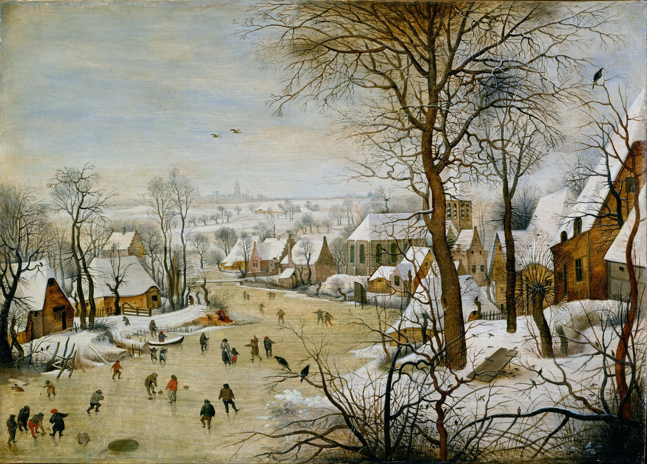 A painting of a small village with snowcovered houses, people and trees