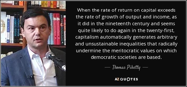 Bilde og sitat av Piketty angående forholdet mellom avkastning på kapital og vekst i utbytte og lønn.