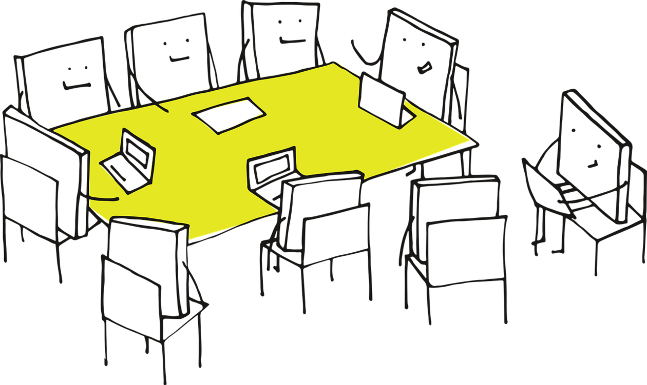 Skisserte figurer sitter rundt et bord og diskuterer
