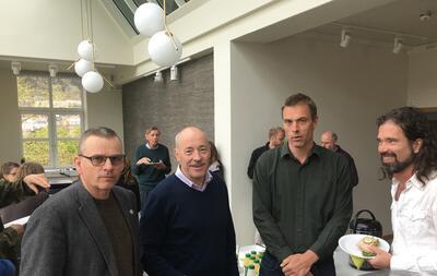 Polar Express was a great succes. Here lunch in the new GFI west wing. From left in the picture, dekan Helge Dahle, Ole Arve Misund, Bjerknes-directorr Tore Furevik and leader of the polarnetwork Lars Henrik Smedrud Photo: University of Bergen