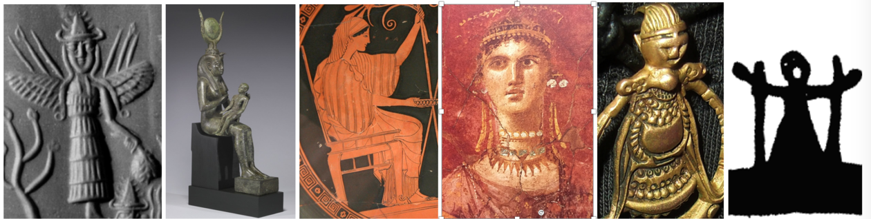 Inanna (sumersk sigill, ca. 2300 f.Kr.), Isis (egyptisk statuett, 600-t. f.Kr.), Hera (gresk vasemaleri, 400-t. f.Kr.), Venus (romersk veggmaleri, 1. årh. f.Kr.), Frøya? (kopi av amulett fra vikingtiden) og Saaraahka? (samisk trommefigur, 1600-t.). Foto/i