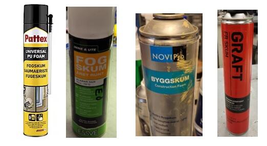Bilde av 4 ullike flasker med fugeskum som inneholder diisocyanater