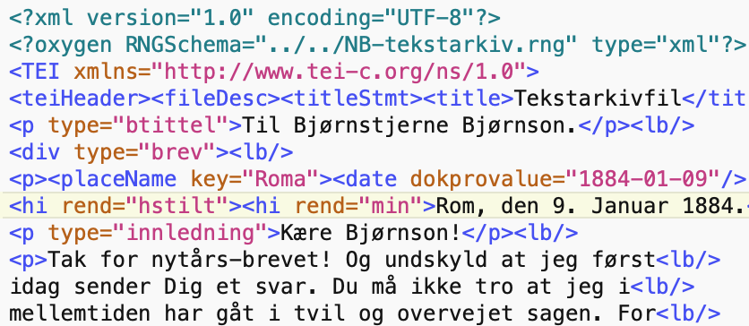 Screenshot of letter by Henrik Ibsen with XML metadata