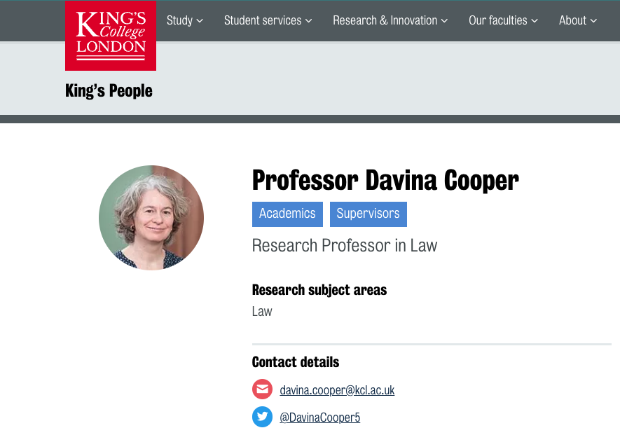 Screenshot from King's College website with Davina Cooper's picture
