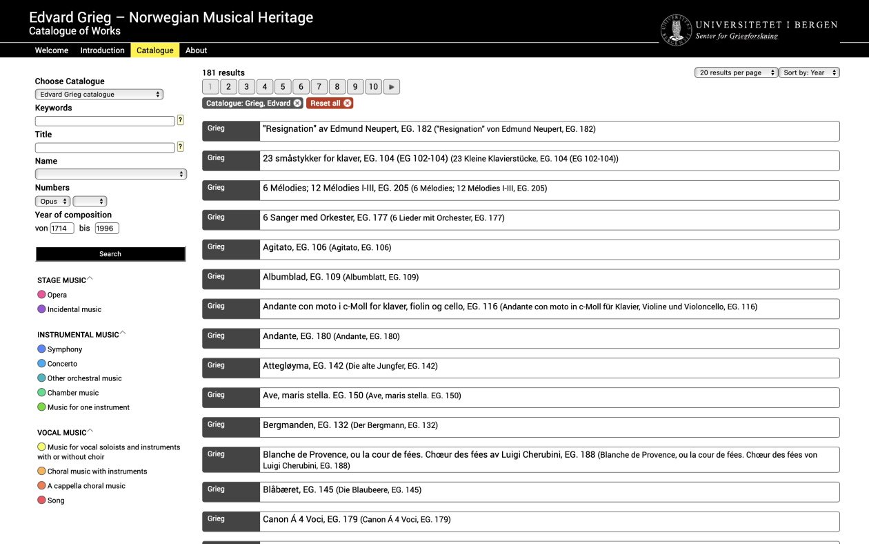 Screenshot Grieg and Norwegian Musical Heritage work catalogue