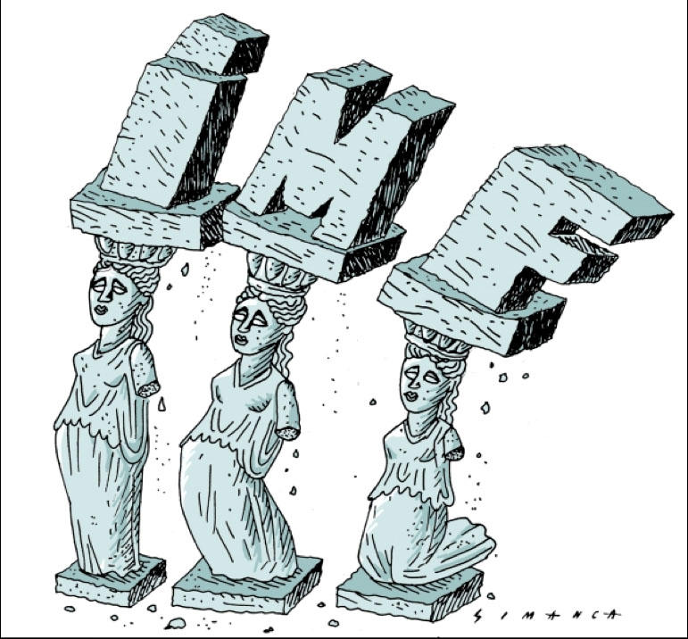 Greske statuer som knekker under bokstavene IMF