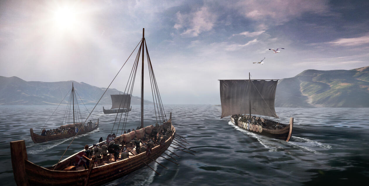 Vikingskip på vei ut fjorden