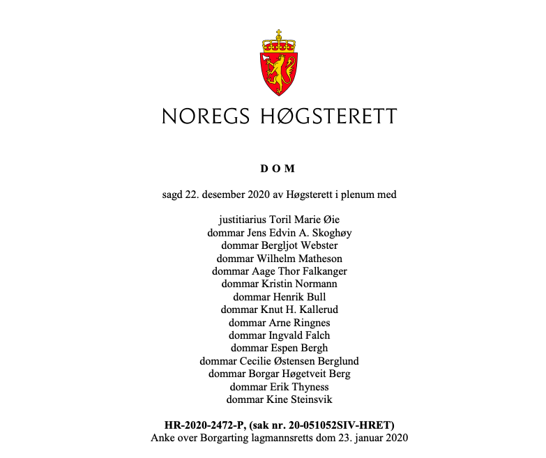 Bilde av forsiden av Høyesteretts dom. 
