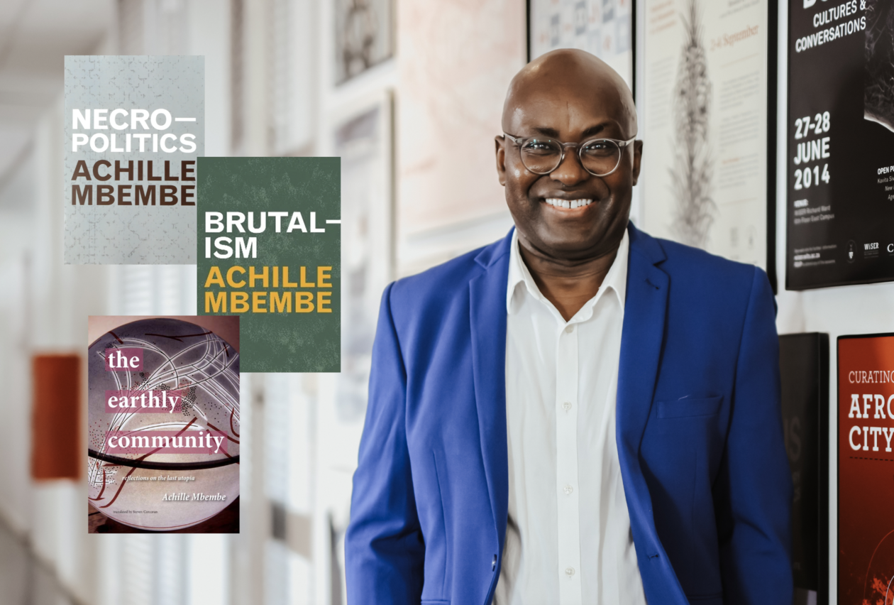 Achille Mbembe and selected book covers (Necropolitics, Brutalism, The Earthly Community)