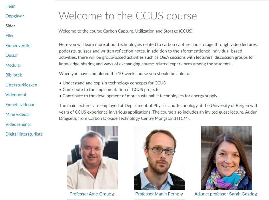 Skjermdump av CCUS-kurset på UiBs læringsplattform