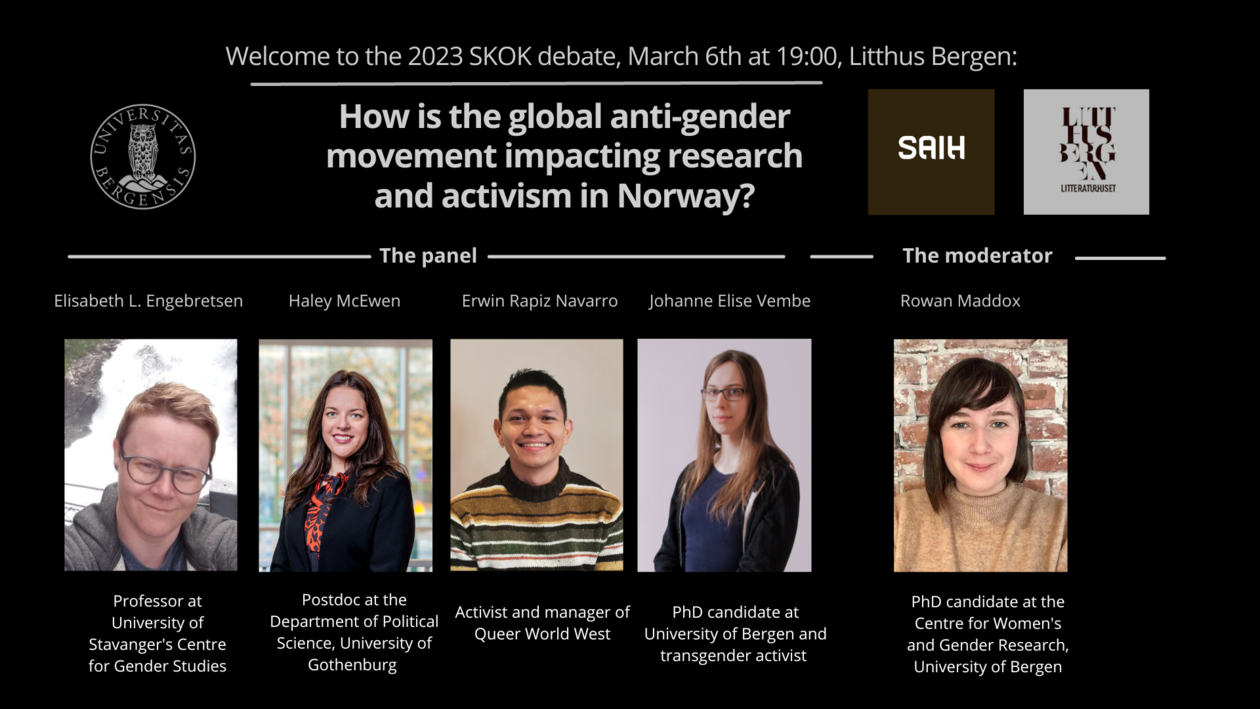 A poster for the SKOK debate 2023 with pictures of the panelists and the moderator