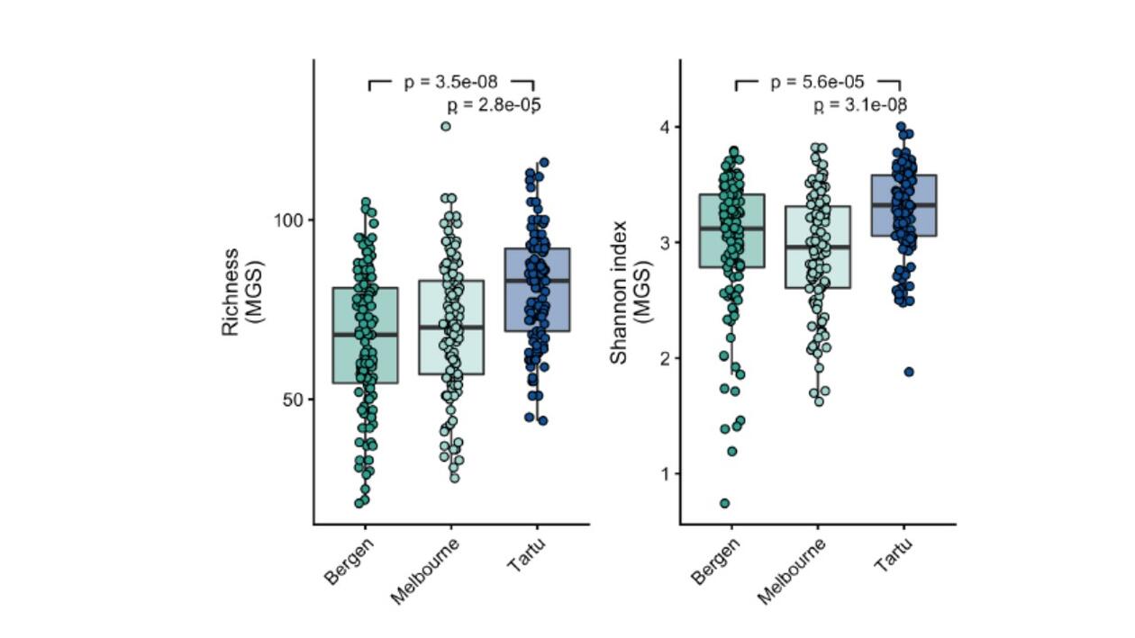 Boxplot showing MGS richness and Shannon index across samples, grouped by study site