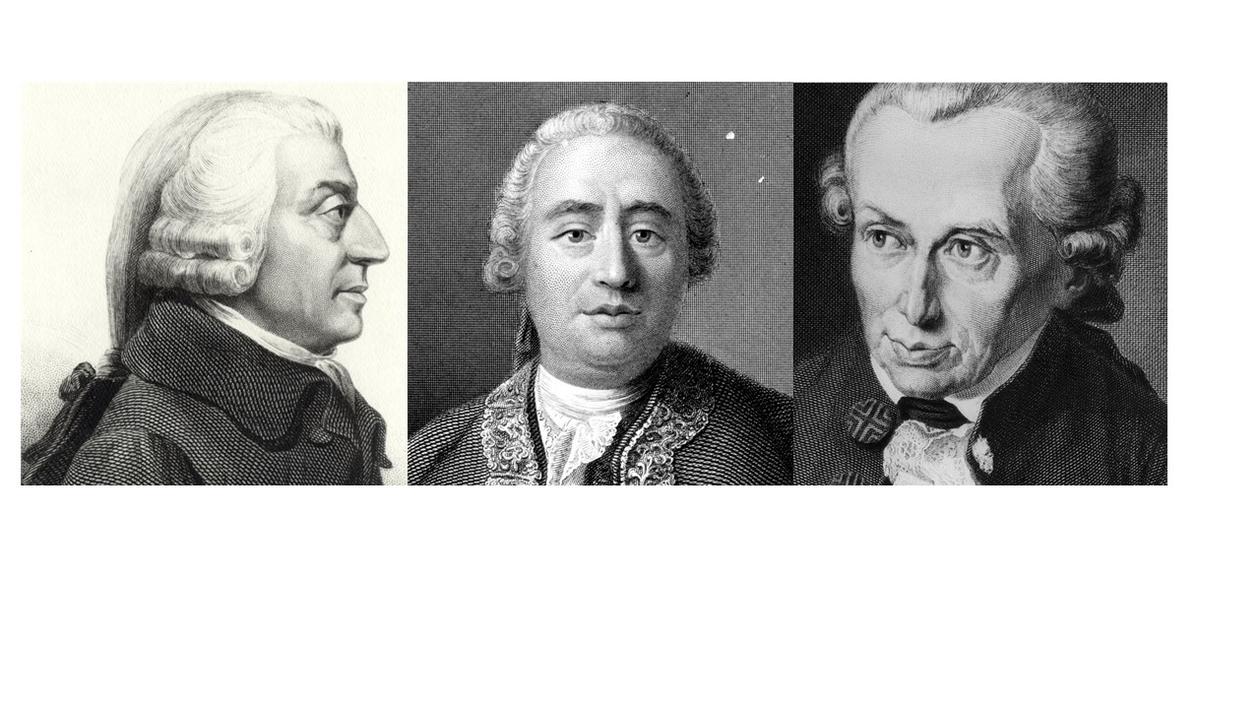 Bilder av Adam Smith, David Hume og Immanuel Kant