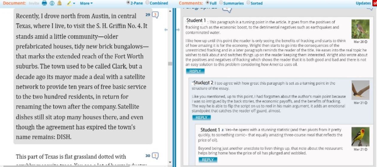 Screenshot of text with annotations in sidebar from students