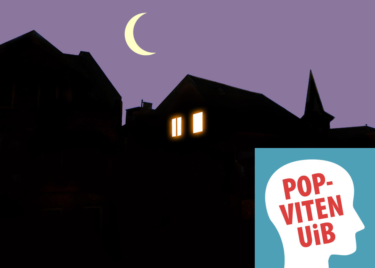 Siluett av hus i mørket, lys i ett av vinduene. Logoen til UiB Popviten i hjørnet.