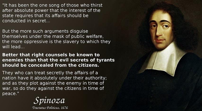 Bilde av Spinoza med langt sitat viktigheten av åpenhet i maktens korridorer.