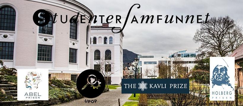 Universitetsmuseet i Bergen i bagkrunnen, logoene til Abel-, Kavli- og Holbergprisen i forgrunnen.