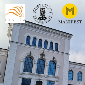 Illustrasjon med Universitetsmuseet og logoer for Manifest og Civita