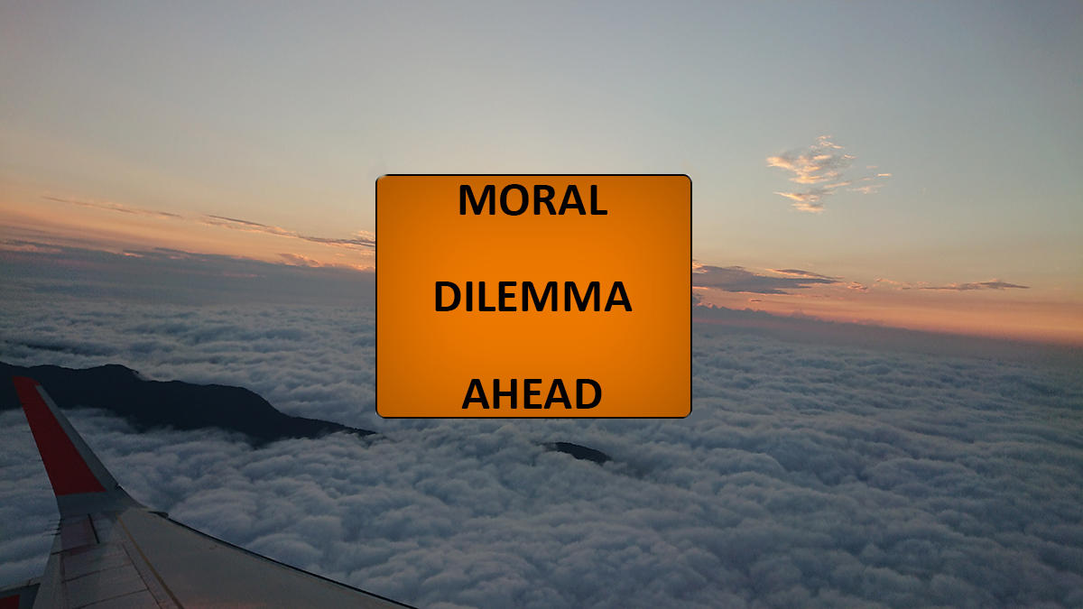 Tatt fra et fly over skyene med solnedgang i bakgrunnen der en kan skimte ene flyvingen og med et skilt hvor det står "MORAL DILEMMA AHEAD"  i front.
