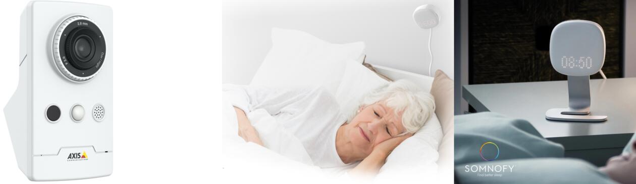 Collage: Et kamera, en eldre sovende kvinne og en søvnradar plassert på et nattbord