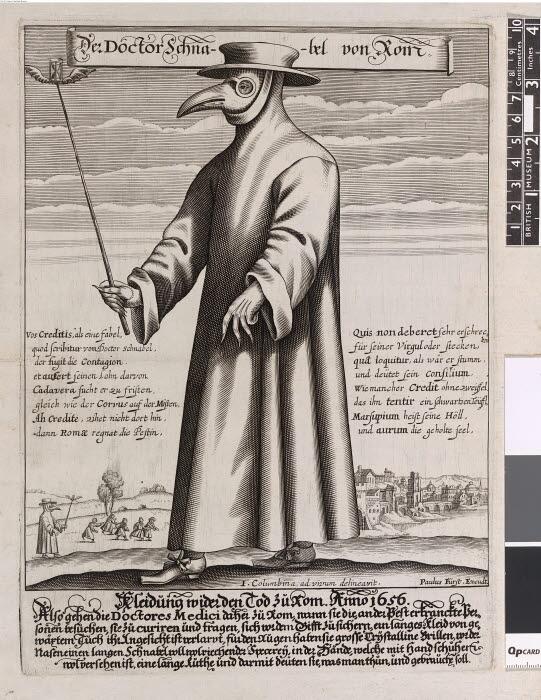 Mann med kappe, hatt og nebbformet maske