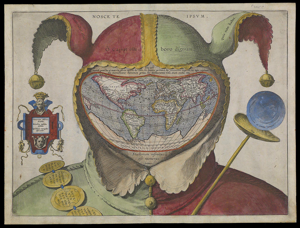 Picture of a map of the world in form of a head wearing a fool's cap.