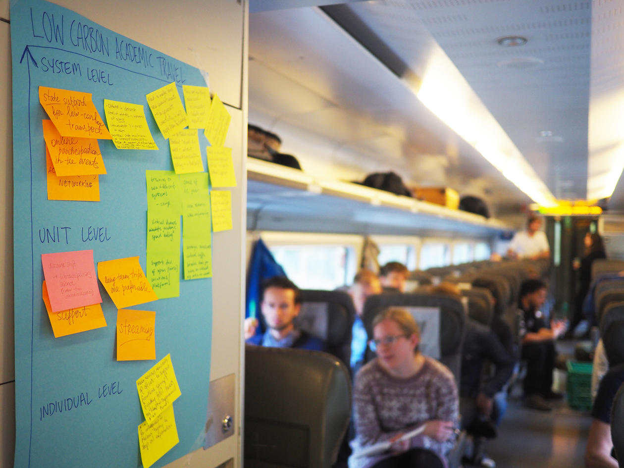 Train carriage with poster and post-it notes