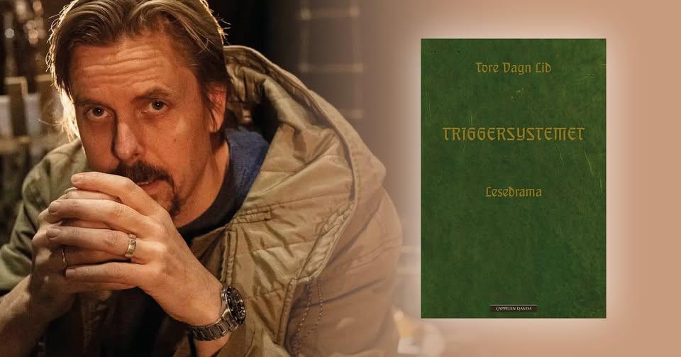 Et portrettfoto av Tore Vagn Lid sidestilt med den mørk grøne bokframsida for lesedramaet Triggersystemet
