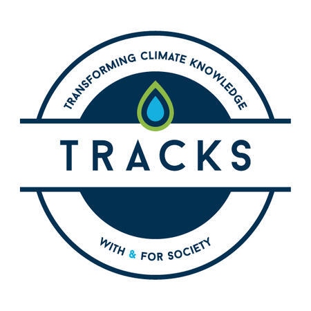 TRACKS logo: TRACKS written in the middle, with a blue and green drop righ over it, on white background over a blue circle. Written over the circle: Transforming Climate Knowledge. Below the circle: With & For Society