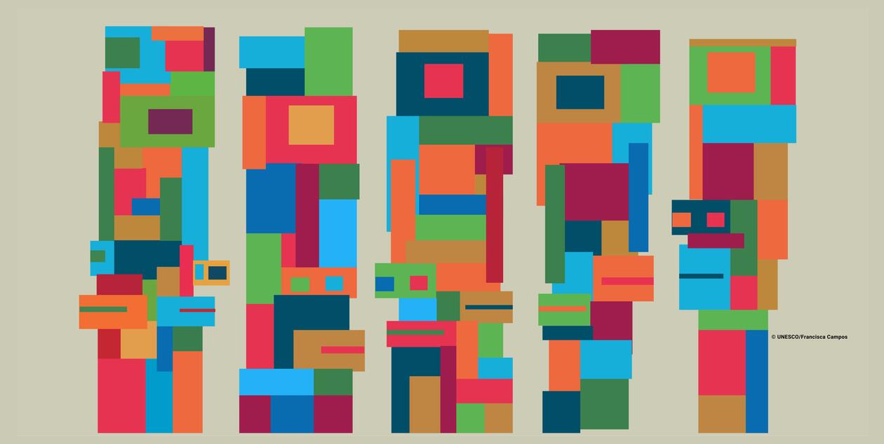 Multicoloured figures making up five columns