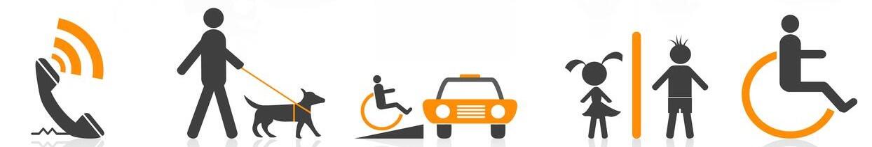 Eksempler på forskjellige funksjonsnedsettelser (hørsel, syn, rullestol)