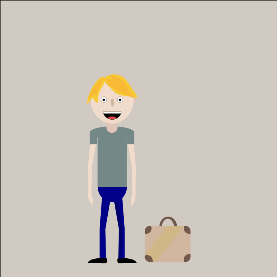 Animert figur av en smilende blond gutt med koffert
