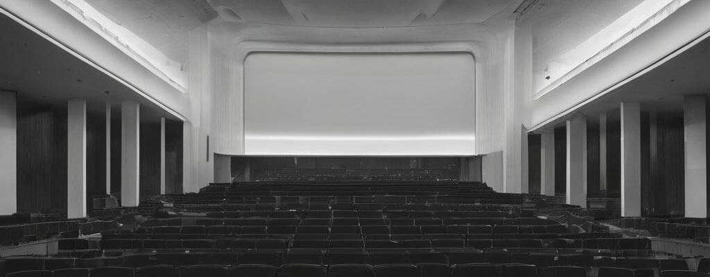 Bilde i svart/hvitt av auditorium
