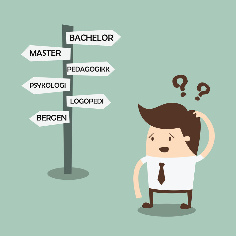 Veivalgskilt med ulike retninger og en person som lurer på hva han skal velge