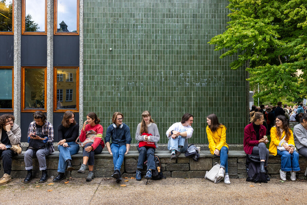 10 studenter som sitter foran en grønn vegg og snakker sammen