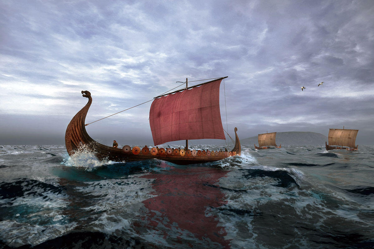 Illustrasjon av vikingskip til sjøs