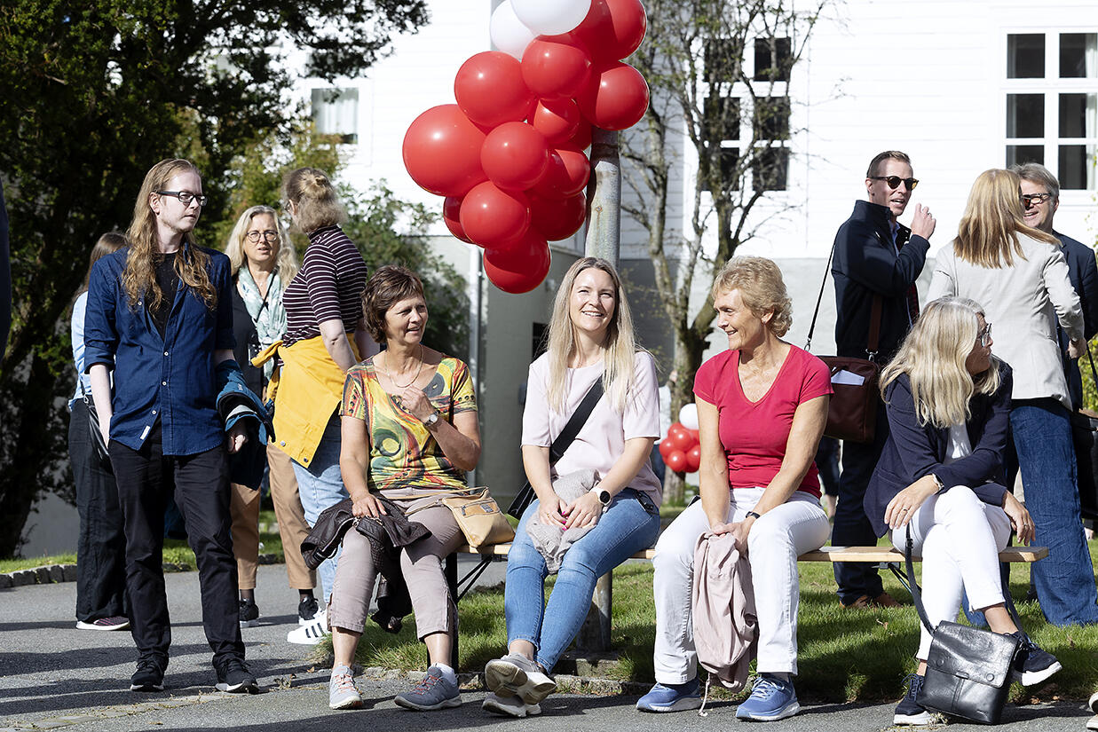 Fire damer sitter på en benk