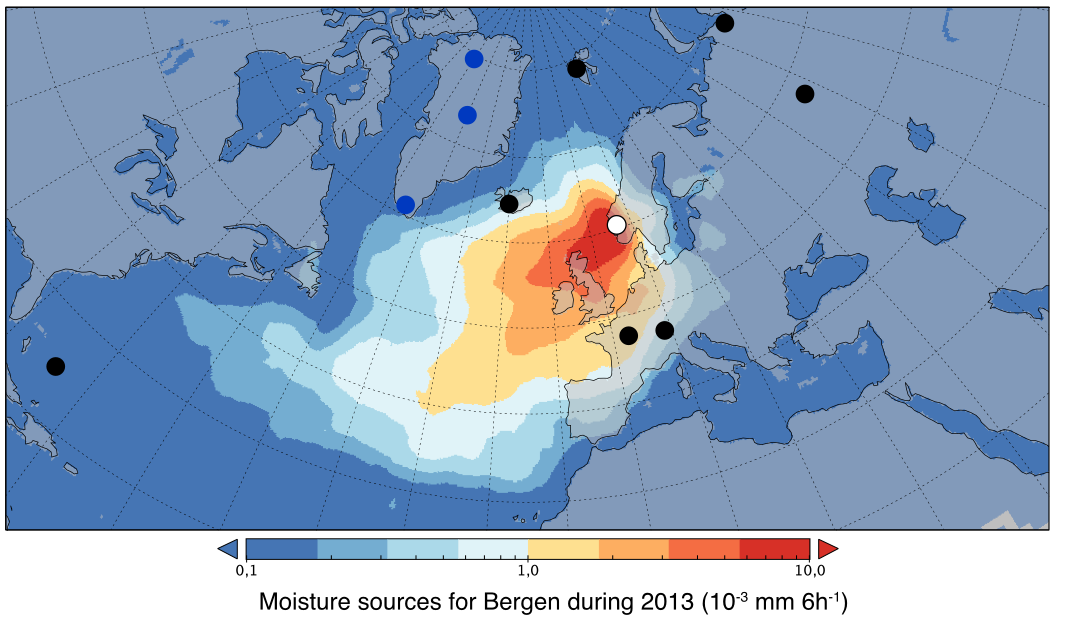 Moisture sources for precipitation in Bergen in 2013