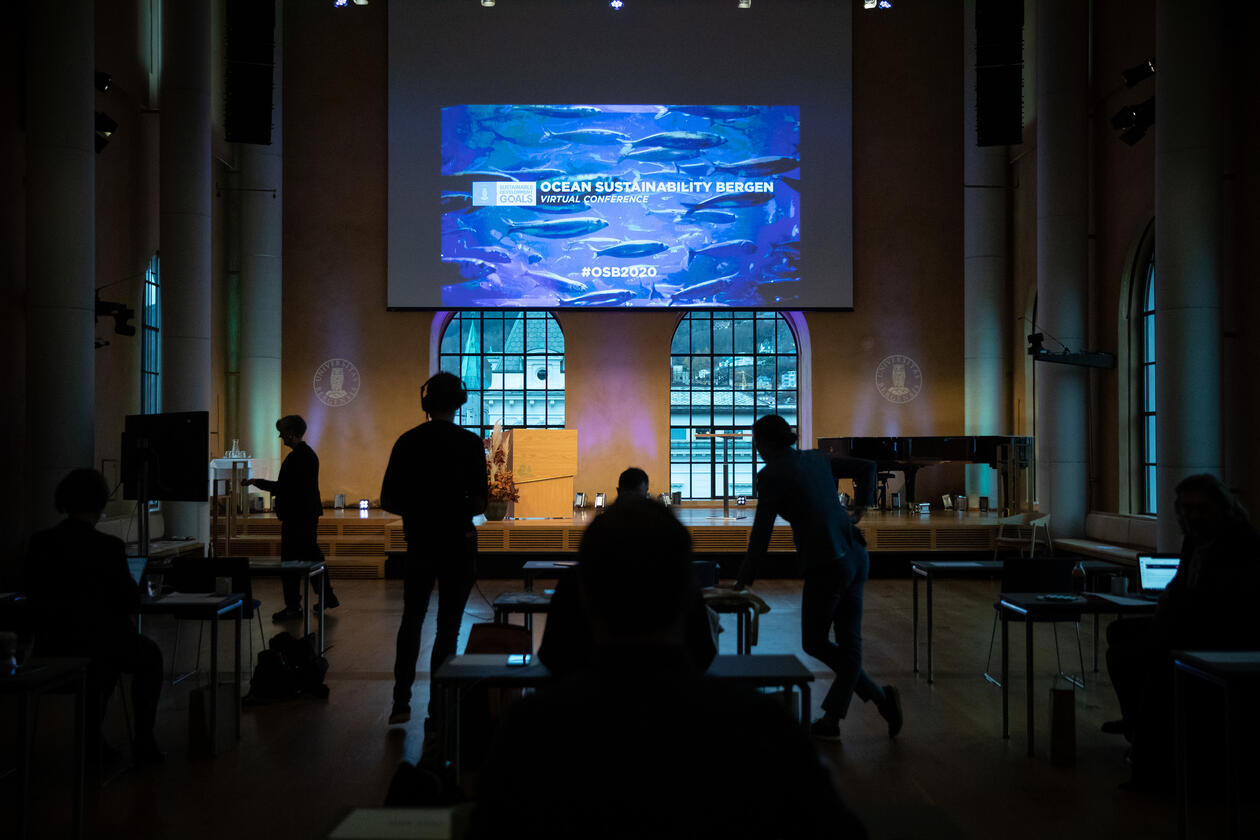 Photo from the 2020 Ocean Sustainability Bergen Conference, broadcast live from the University Aula in Bergen.