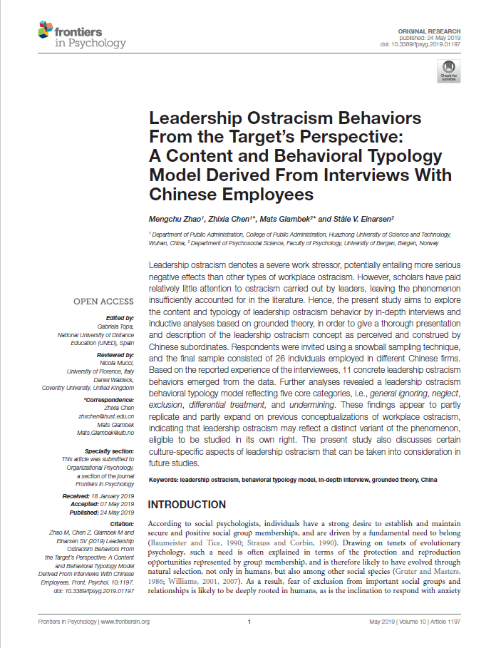 Leadership Ostracism Behaviors from the target’s perspective: A content and behavioral typology model derived from interviews with Chinese employees