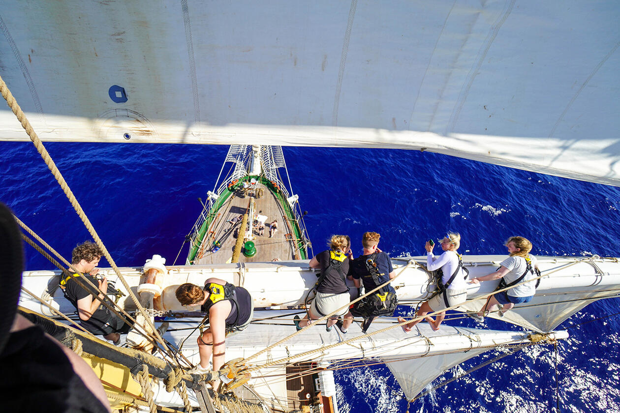 studentene som deltok på emnet SDG 200 måtte også seile skipet. Her er studentene oppe i masten og jobber med seilet.